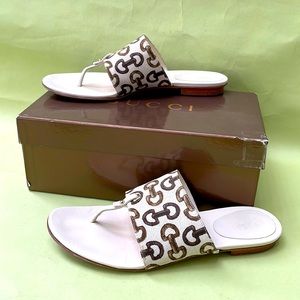 Cream/brown Gucci canvas/leather sandals with box